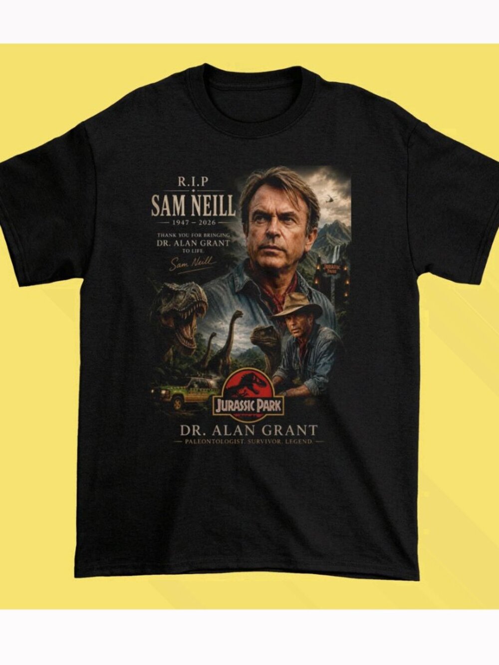 Sam Neill Tribute 1947–2026 Memorial Graphic Black T-Shirt
